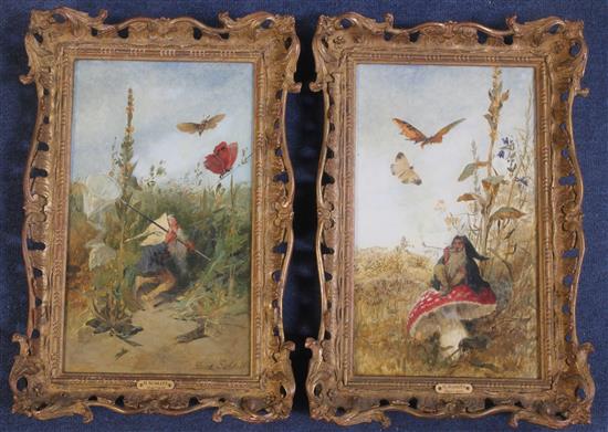 Heinrich Schlitt (1849-1923) Pixies chasing butterflies and smoking upon a toadstool, 13 x 8in.